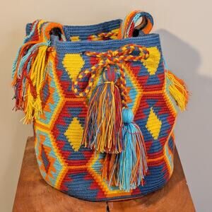 Wayuu Bag Mochilla Crocheted Tapestry Tassels Handmade Cotton - OS